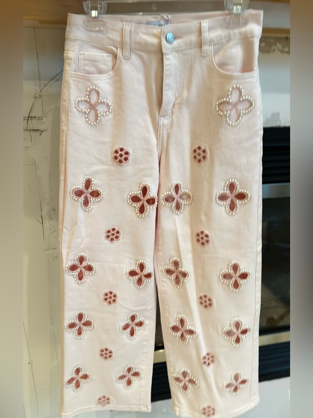 The Noli Shop Pink Kaia High-Rise Jeans Pearl-Trimmed Floral Cutouts27 Petit